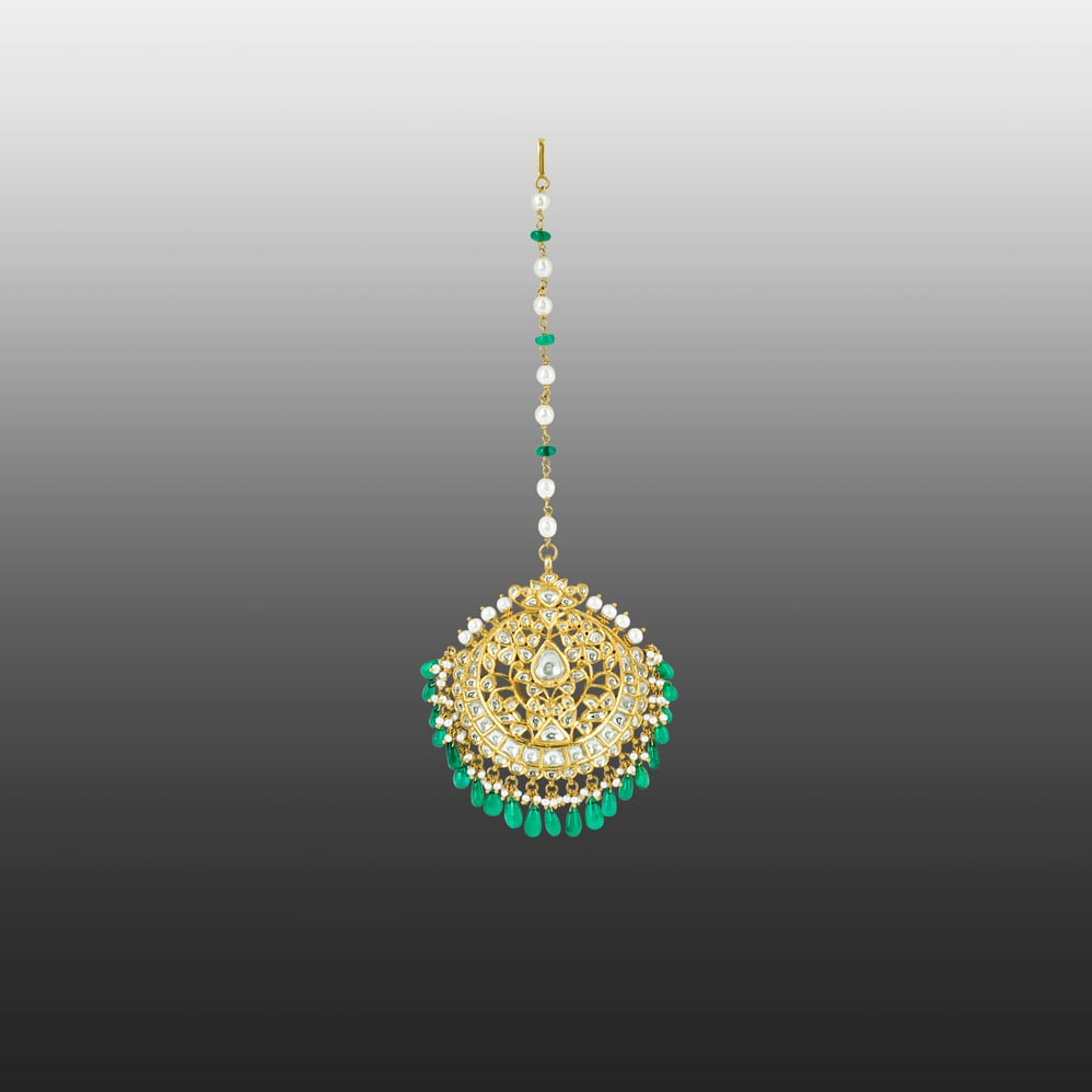 Polki Gold Tikka with Emerald Drops and Pearls